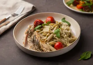 Паста из полбы с песто и куриным филе